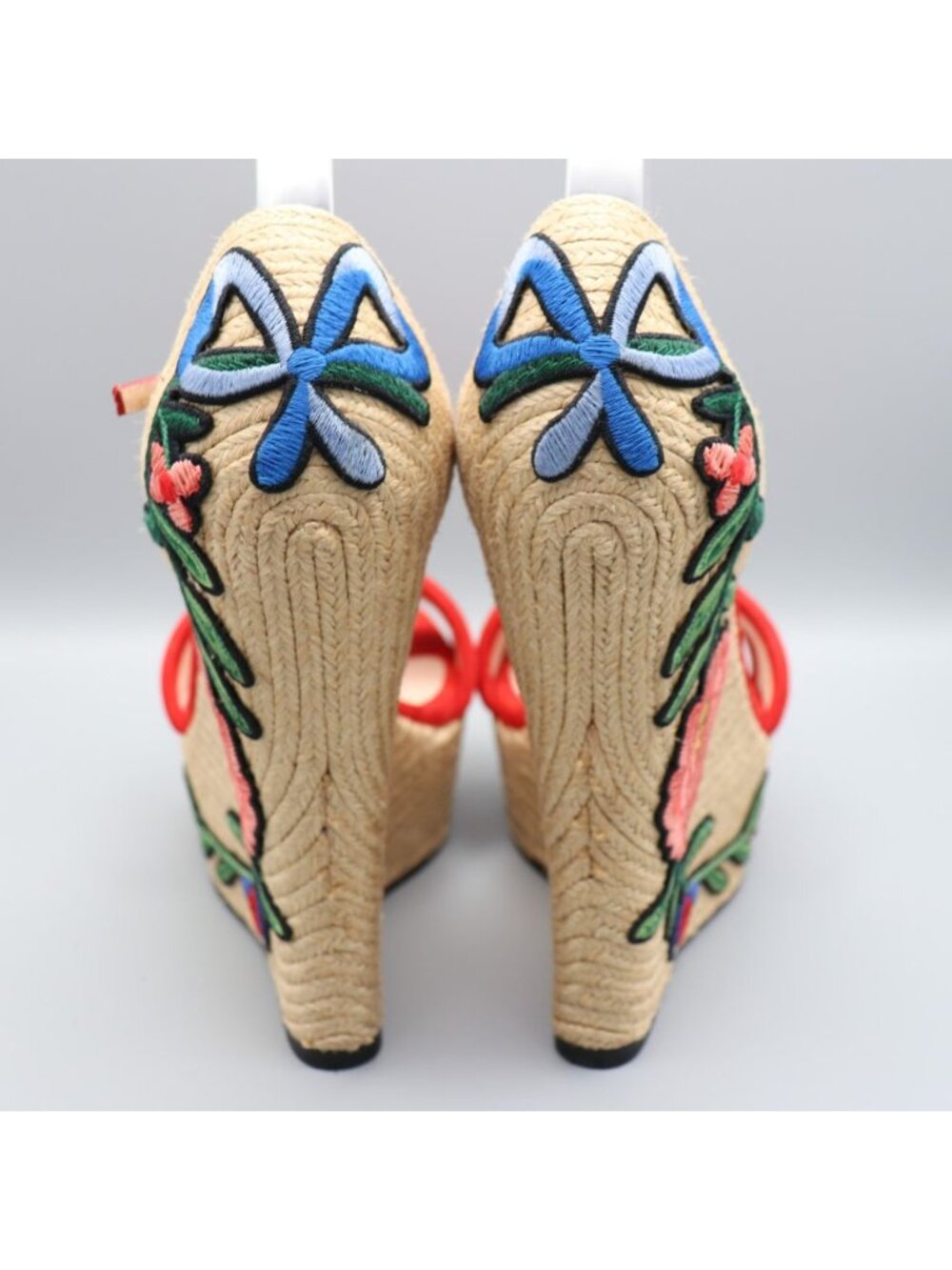 Gucci Ophelia Hibiscus Red Suede Floral Crewel Wedge Platform Espadrille 38 Box - Picture 8 of 16